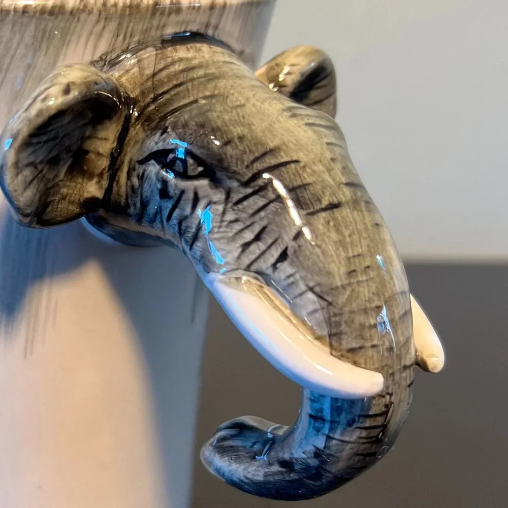 PIER 1 IMPORTS 3-D Hand Painted Stoneware Elephant Mug w/ Elephant Head Handle